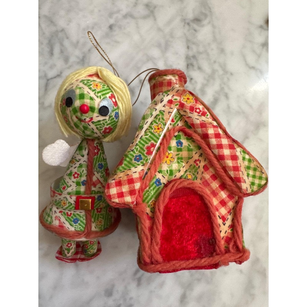 Vintage Made in Japan Patchwork Christmas Ornament Set Girl Doll and House MCM